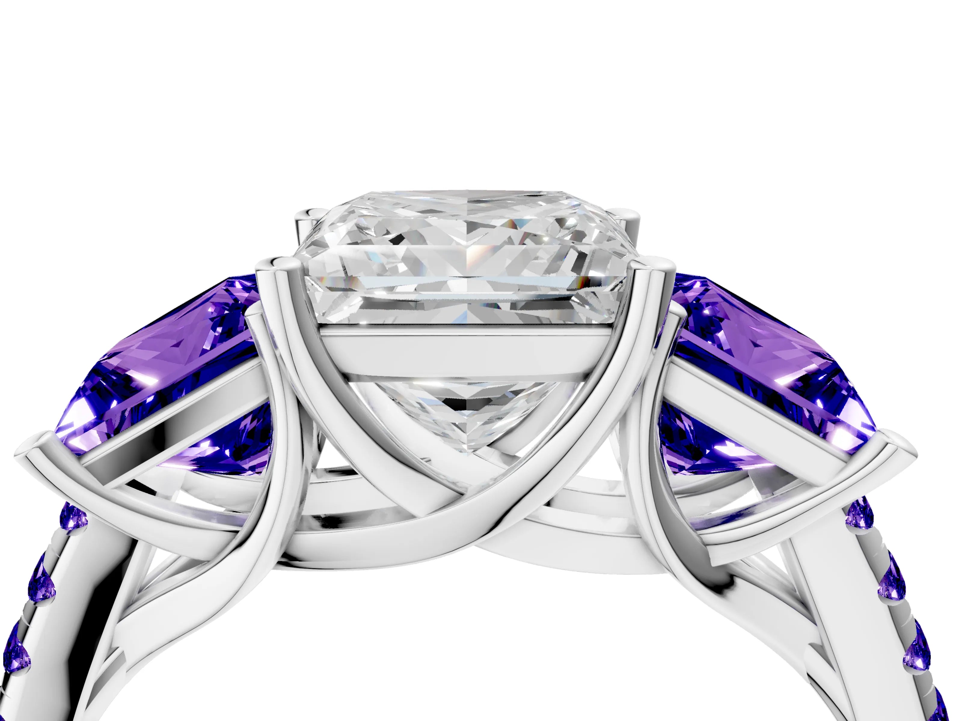 White gold Three-Stone Princess Cut Diamond Ring with Round with Tanzanite side stone Pavé Band and Prong Setting_4