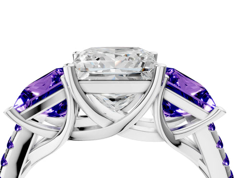 White gold Three-Stone Princess Cut Diamond Ring with Round with Tanzanite side stone Pavé Band and Prong Setting_4