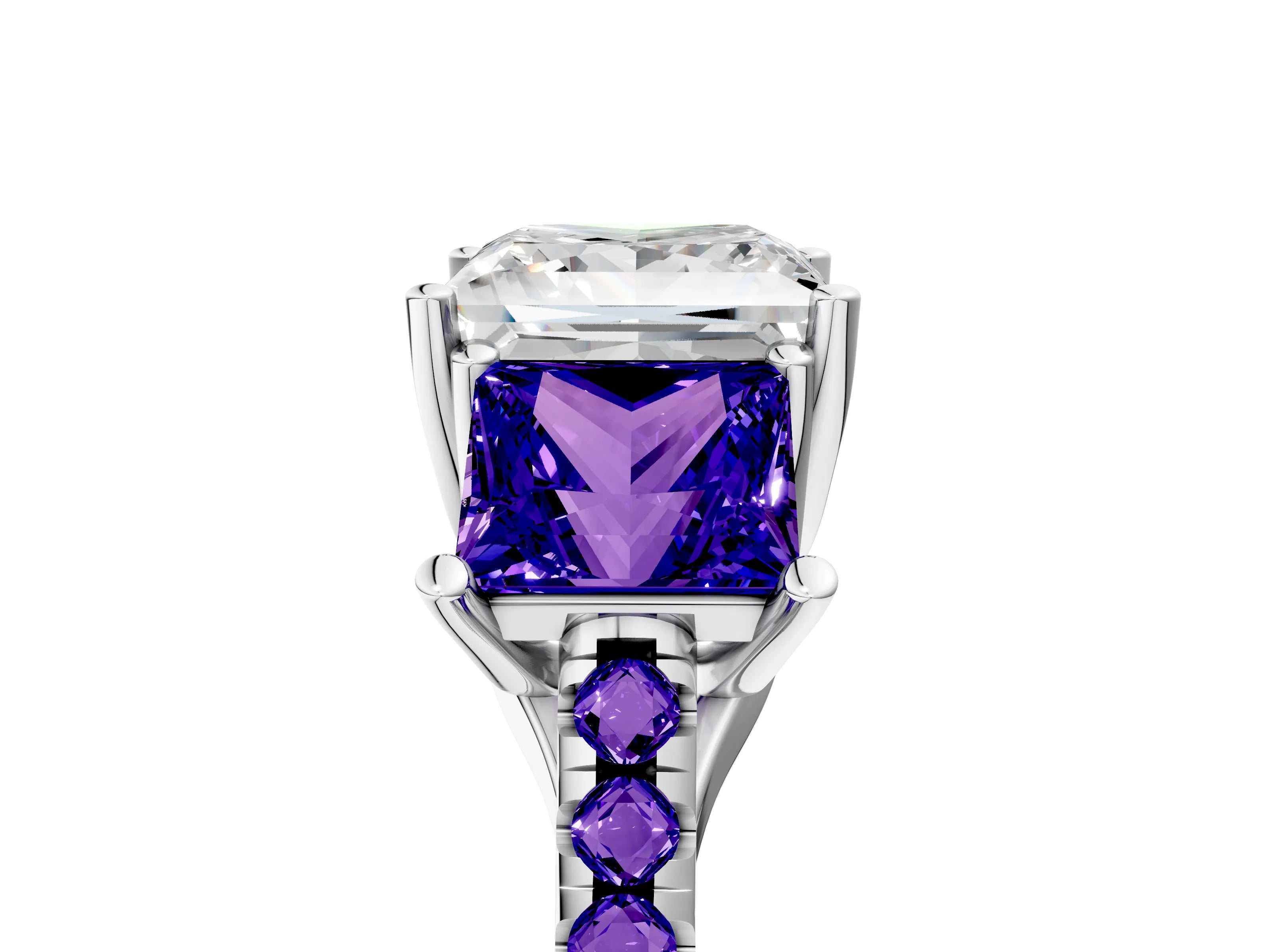 White gold Three-Stone Princess Cut Diamond Ring with Round with Tanzanite side stone Pavé Band and Prong Setting_5