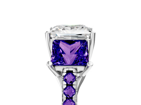 White gold Three-Stone Princess Cut Diamond Ring with Round with Tanzanite side stone Pavé Band and Prong Setting_5