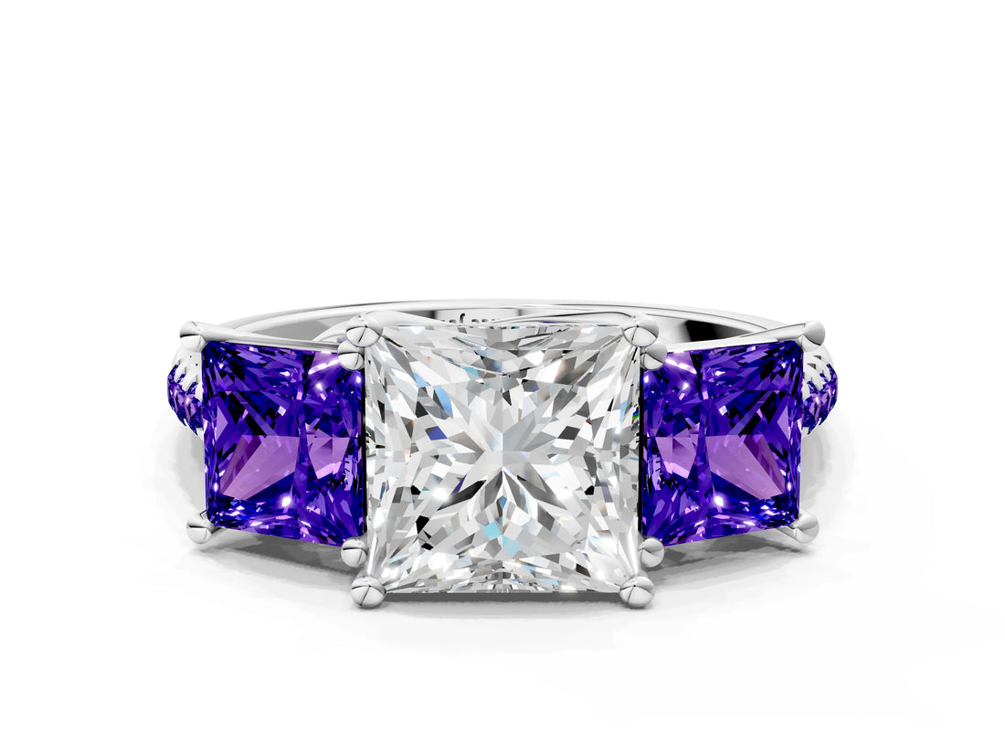White gold Three-Stone Princess Cut Diamond Ring with Round with Tanzanite side stone Pavé Band and Prong Setting