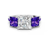 White gold Three-Stone Princess Cut Diamond Ring with Round with Tanzanite side stone Pavé Band and Prong Setting