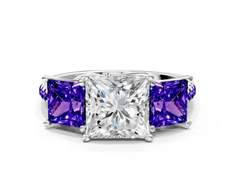 White gold Three-Stone Princess Cut Diamond Ring with Round with Tanzanite side stone Pavé Band and Prong Setting