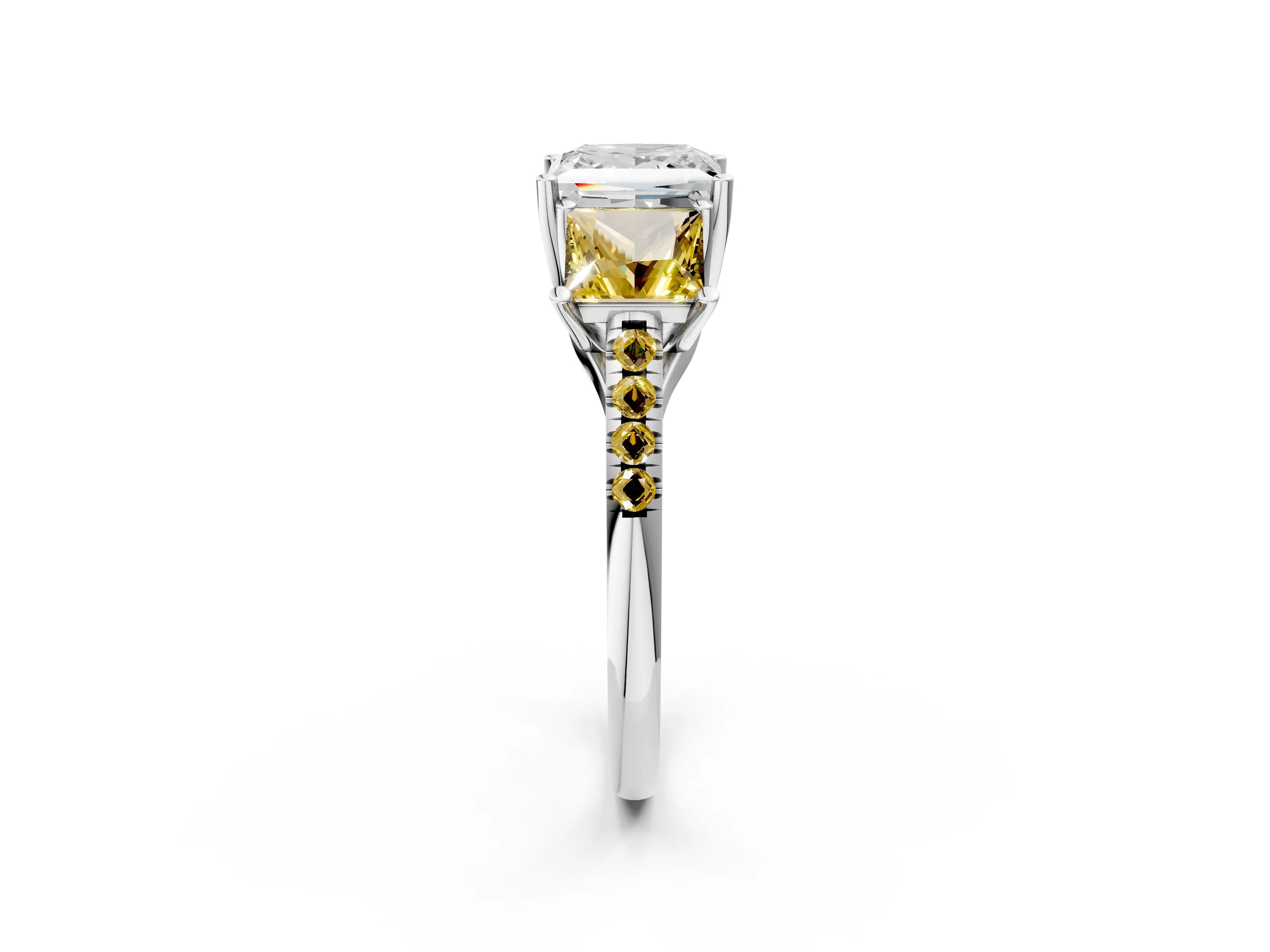 White gold Three-Stone Princess Cut Diamond Ring with Round with Yellow Sapphire side stone Pavé Band and Prong Setting_2