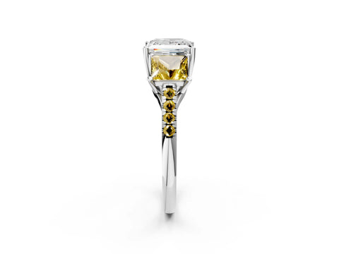 White gold Three-Stone Princess Cut Diamond Ring with Round with Yellow Sapphire side stone Pavé Band and Prong Setting_2