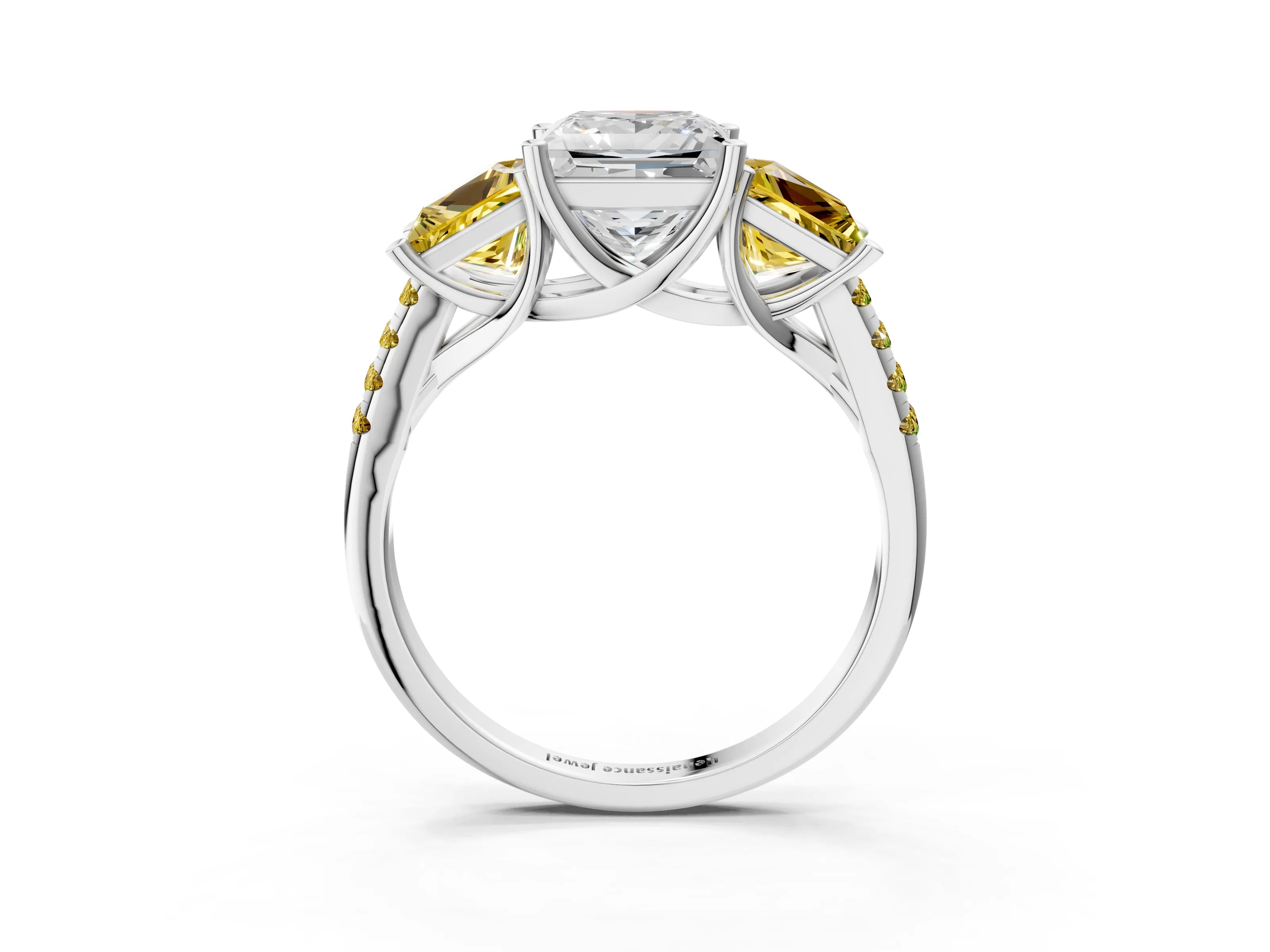 White gold Three-Stone Princess Cut Diamond Ring with Round with Yellow Sapphire side stone Pavé Band and Prong Setting_3