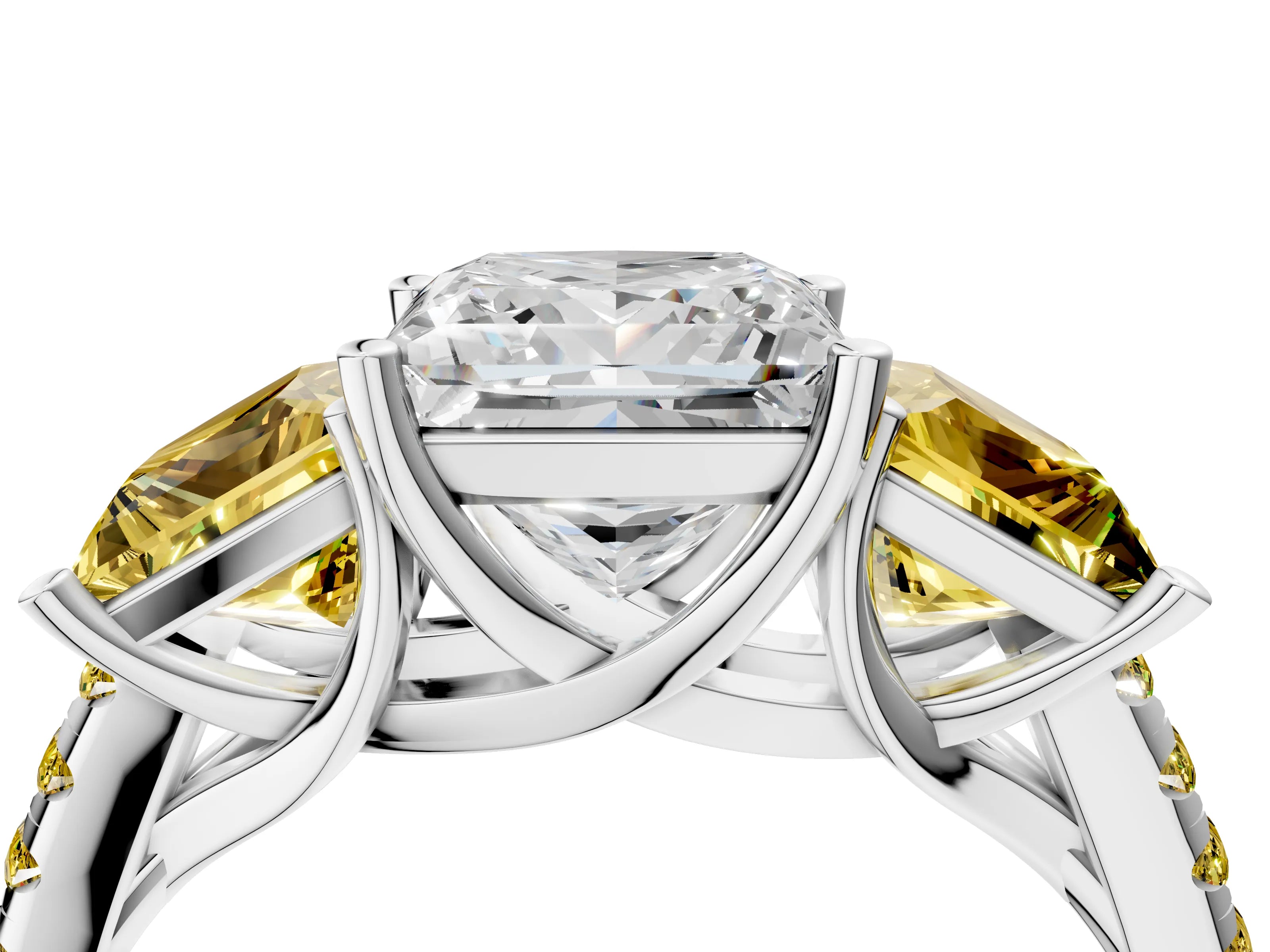 White gold Three-Stone Princess Cut Diamond Ring with Round with Yellow Sapphire side stone Pavé Band and Prong Setting_4