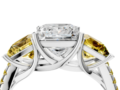 White gold Three-Stone Princess Cut Diamond Ring with Round with Yellow Sapphire side stone Pavé Band and Prong Setting_4