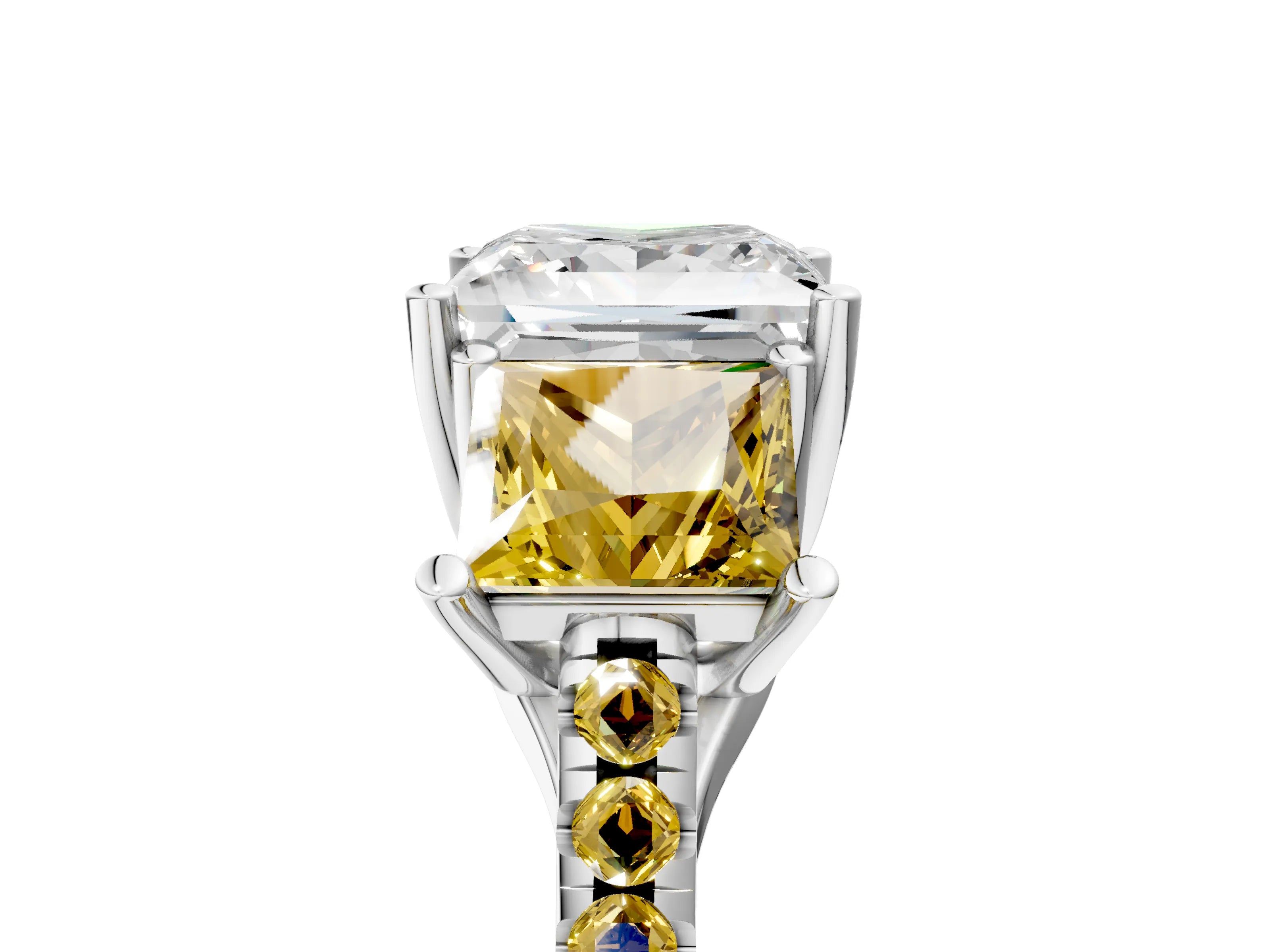 White gold Three-Stone Princess Cut Diamond Ring with Round with Yellow Sapphire side stone Pavé Band and Prong Setting_5
