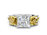 White gold Three-Stone Princess Cut Diamond Ring with Round with Yellow Sapphire side stone Pavé Band and Prong Setting