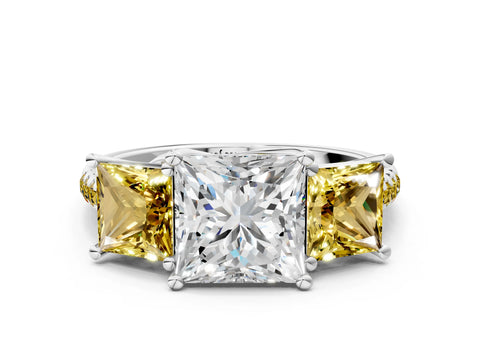 White gold Three-Stone Princess Cut Diamond Ring with Round with Yellow Sapphire side stone Pavé Band and Prong Setting