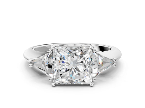 White gold Three-Stone Princess Cut Diamond Ring with Trillion Side Stones and Four-Prong Setting