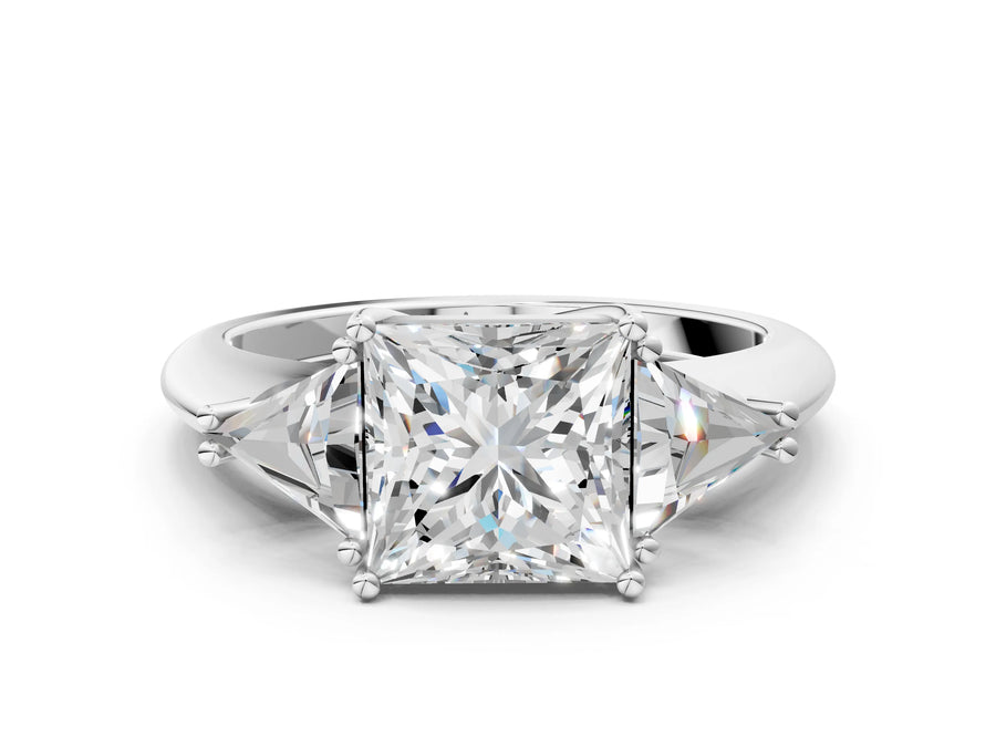 White gold Three-Stone Princess Cut Diamond Ring with Trillion Side Stones and Four-Prong Setting
