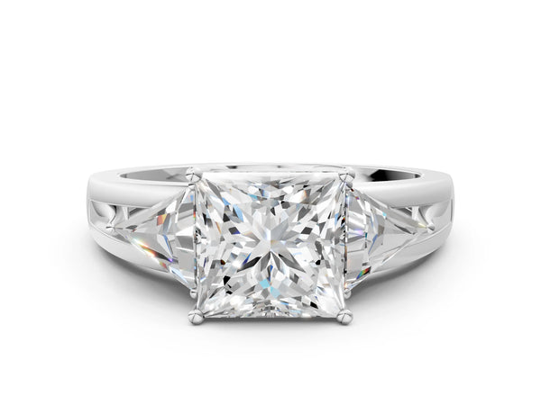 White gold Three-Stone Princess Cut Diamond Ring with Trillion Side Stones on a Split Shank Band