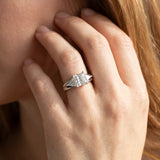 White gold Three-Stone Princess Cut Diamond Ring with Trillion Side Stones on a Split Shank Band_20