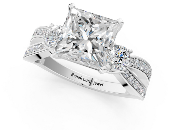 White Gold Princess Cut Three Stone Engagement Ring Setting with Graduated Pave Split Twist Band