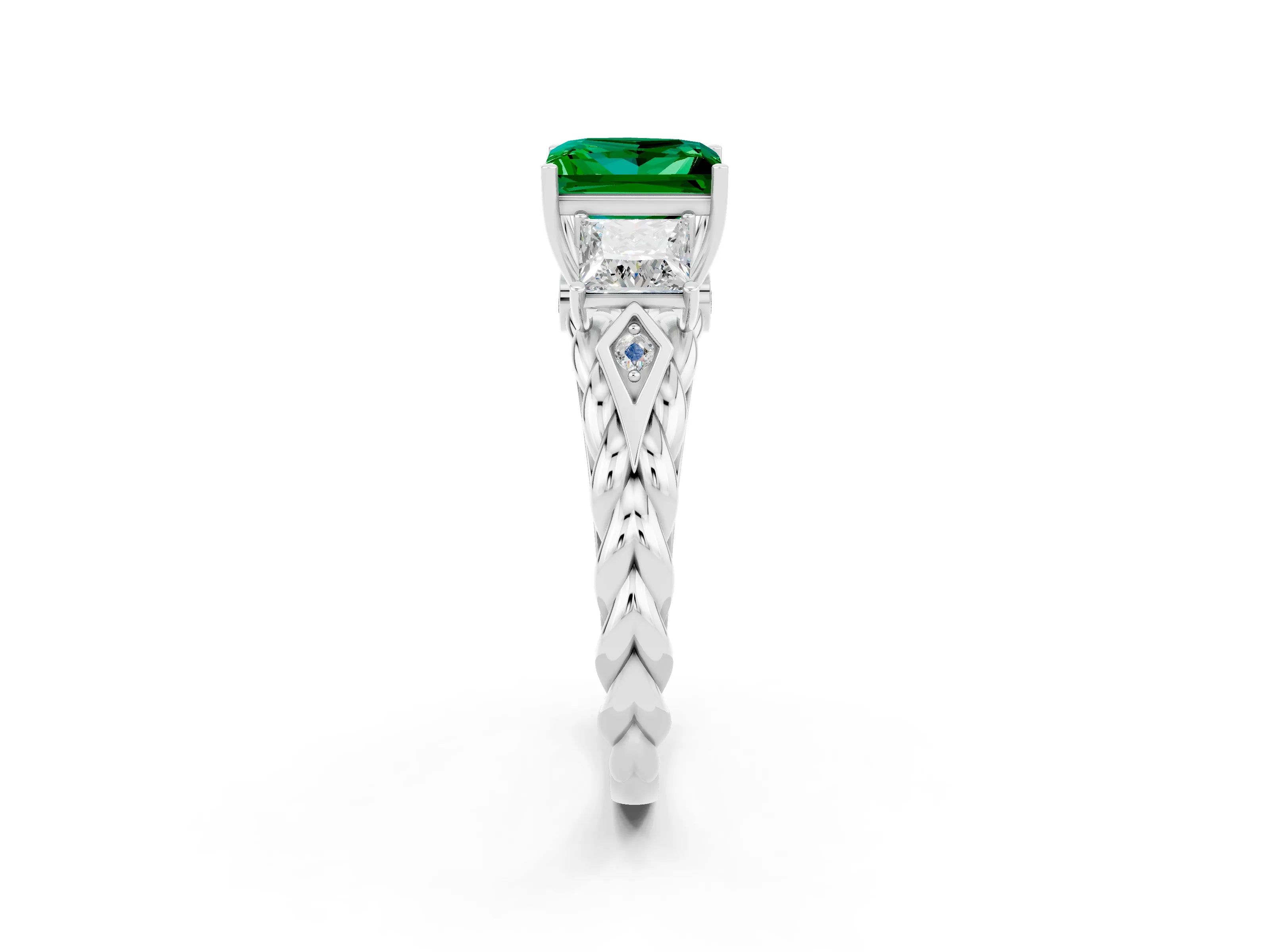 White gold Three-Stone Princess Cut Emerald Braided Band Ring with Four-Prong Setting_32