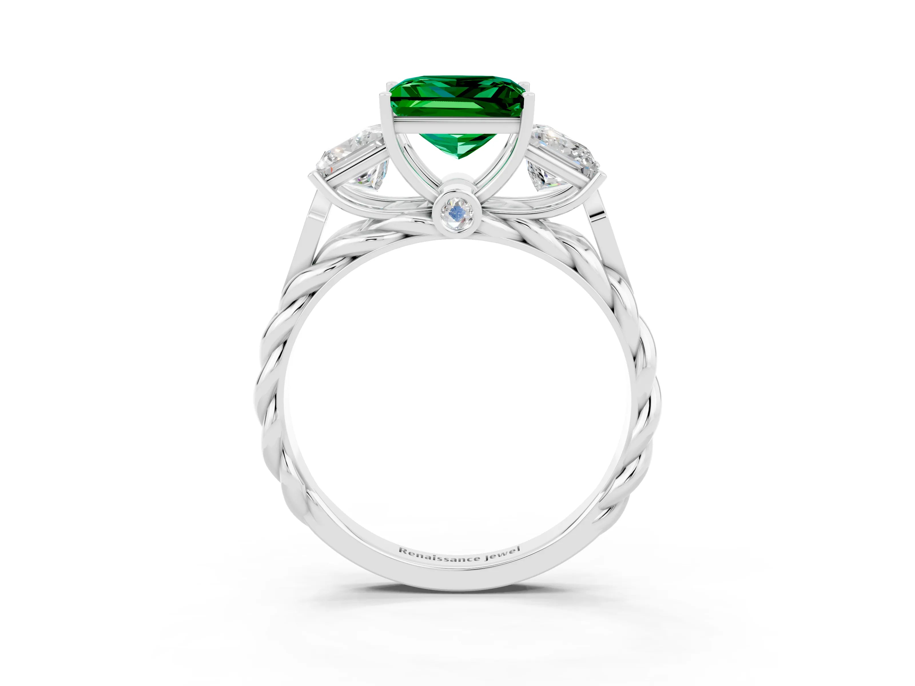 White gold Three-Stone Princess Cut Emerald Braided Band Ring with Four-Prong Setting_33