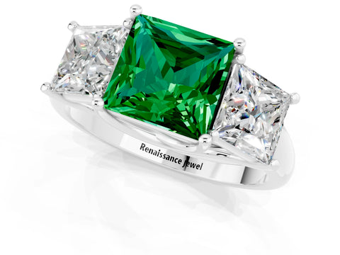 White gold Three-Stone Princess Cut Emerald Engagement Ring with Prong Setting_1