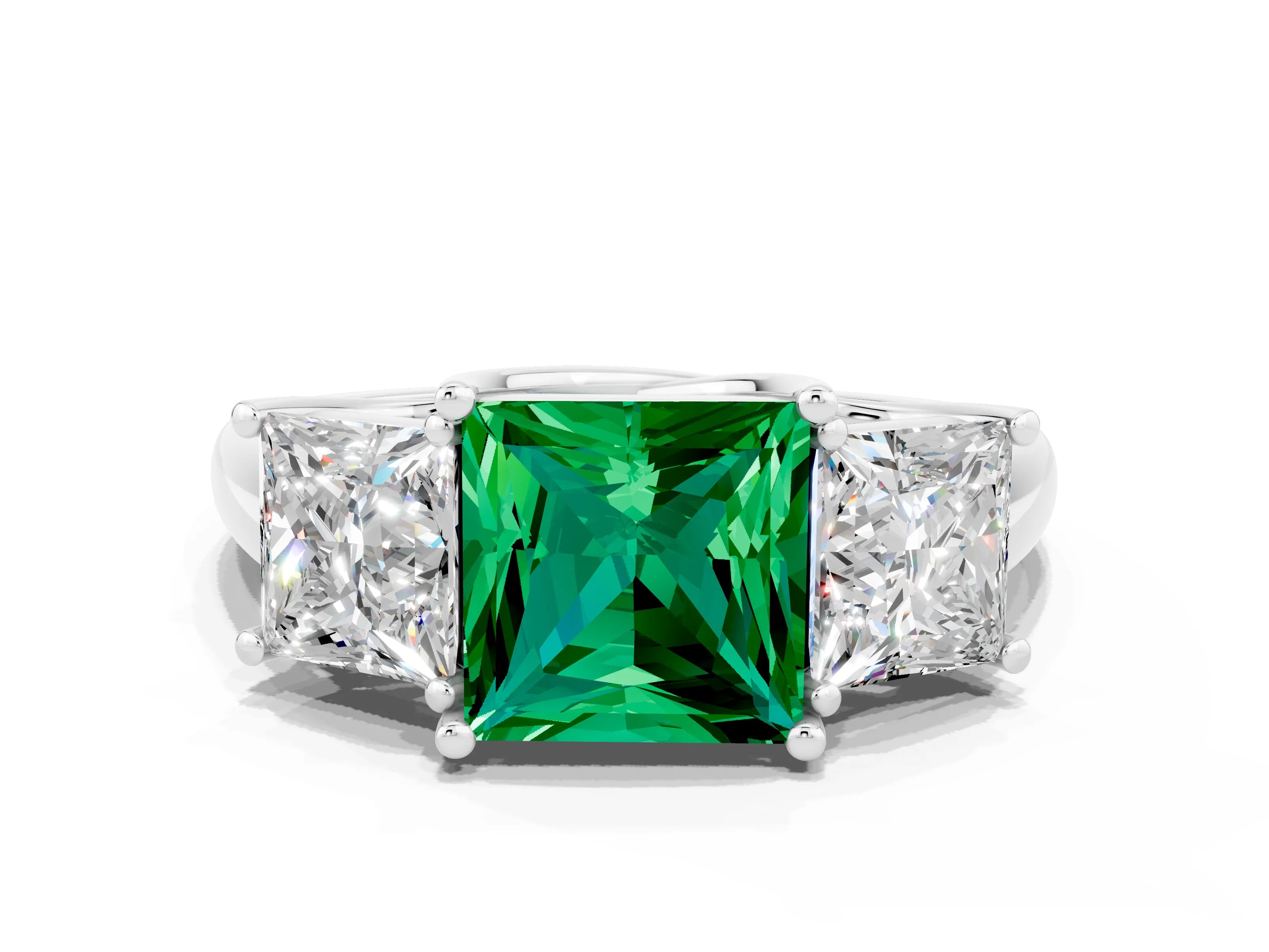 White gold Three-Stone Princess Cut Emerald Engagement Ring with Prong Setting
