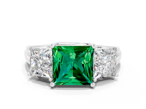 White gold Three-Stone Princess Cut Emerald Engagement Ring with Prong Setting