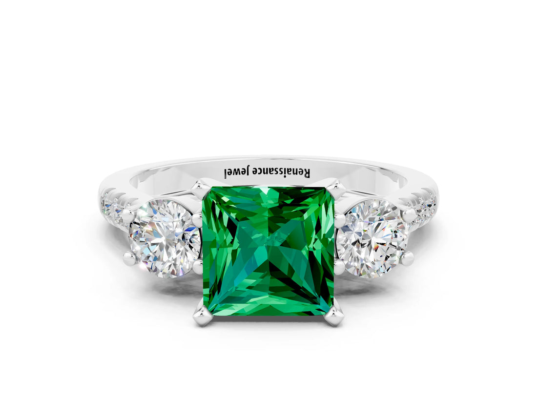 White gold Three-Stone Princess Cut Emerald Pavé Band with Four-Prong Setting