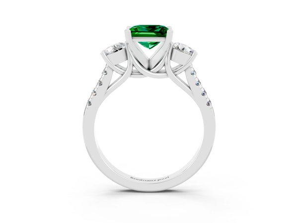 Platinum Three-Stone Princess Cut Emerald Pavé Band with Four-Prong Setting