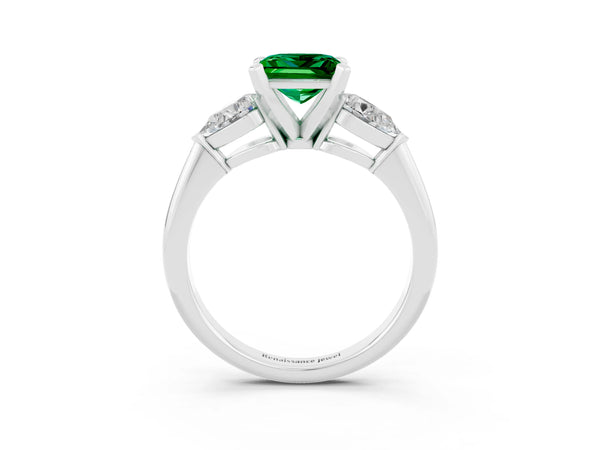 Silver Three-Stone Princess Cut Emerald Ring with Pear Side Stones and Four-Prong Setting