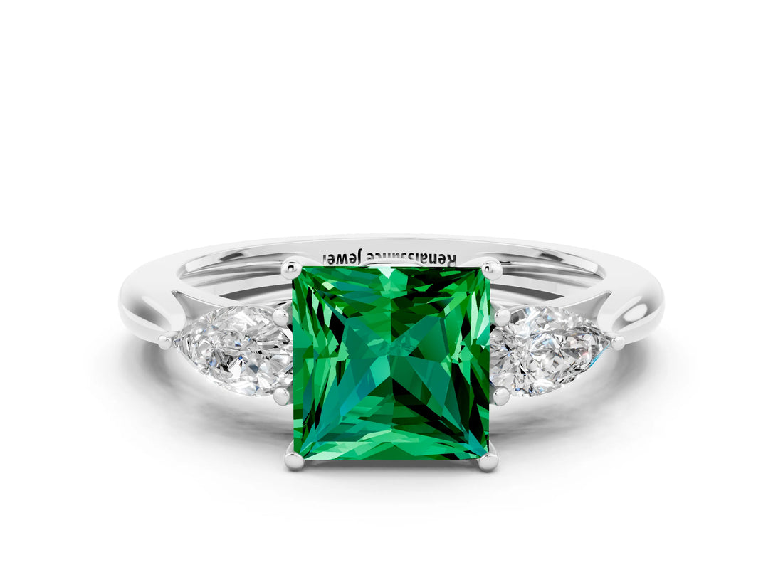 White gold Three-Stone Princess Cut Emerald Ring with Pear  Side Stones in Four-Prong Setting_12