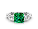 White gold Three-Stone Princess Cut Emerald Ring with Pear  Side Stones in Four-Prong Setting_12