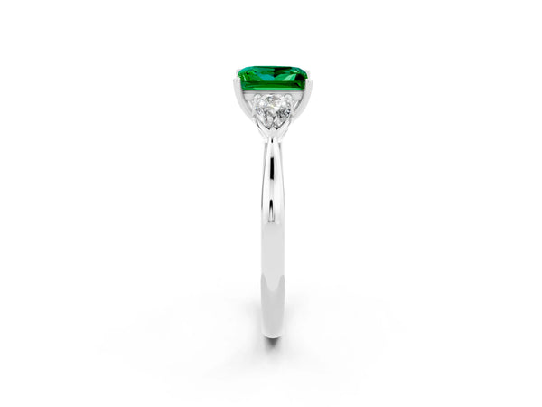 Platinum Three-Stone Princess Cut Emerald Ring with Pear  Side Stones in Four-Prong Setting