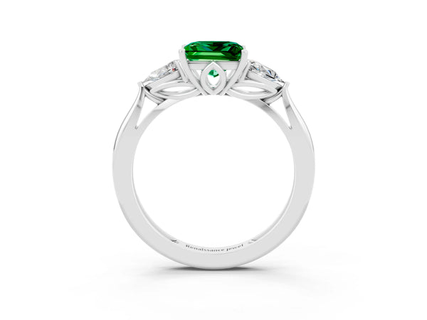 Platinum Three-Stone Princess Cut Emerald Ring with Pear  Side Stones in Four-Prong Setting