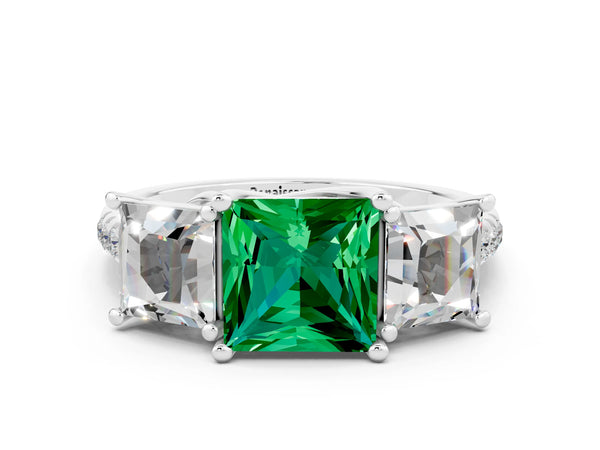 Platinum Three-Stone Princess Cut Emerald Ring with Round  Pavé Band and Prong Setting