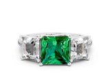 White gold Three-Stone Princess Cut Emerald Ring with Round  Pavé Band and Prong Setting_12
