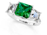 White gold Three-Stone Princess Cut Emerald Ring with Round  Pavé Band and Prong Setting_13