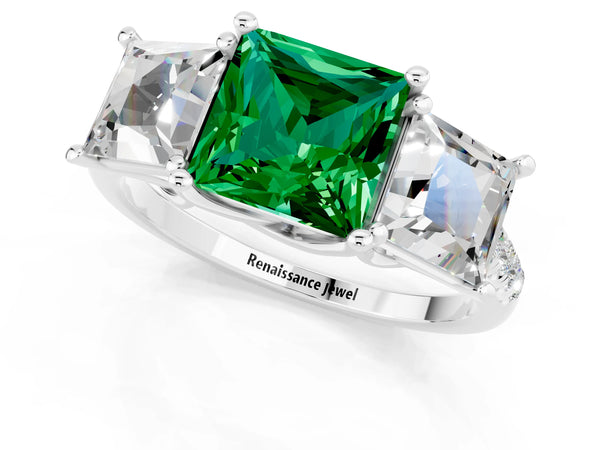 White gold Three-Stone Princess Cut Emerald Ring with Round  Pavé Band and Prong Setting