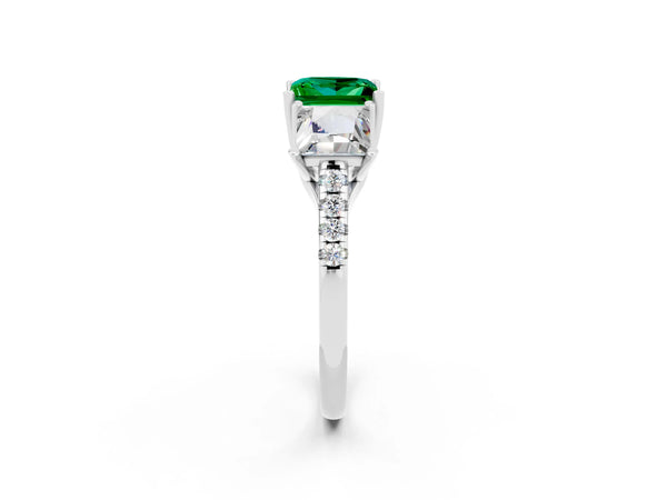 Platinum Three-Stone Princess Cut Emerald Ring with Round  Pavé Band and Prong Setting