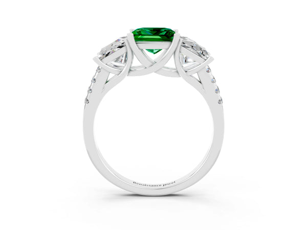 Platinum Three-Stone Princess Cut Emerald Ring with Round  Pavé Band and Prong Setting