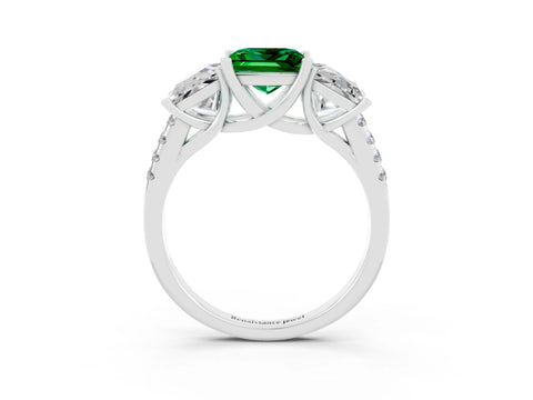 White gold Three-Stone Princess Cut Emerald Ring with Round  Pavé Band and Prong Setting_39