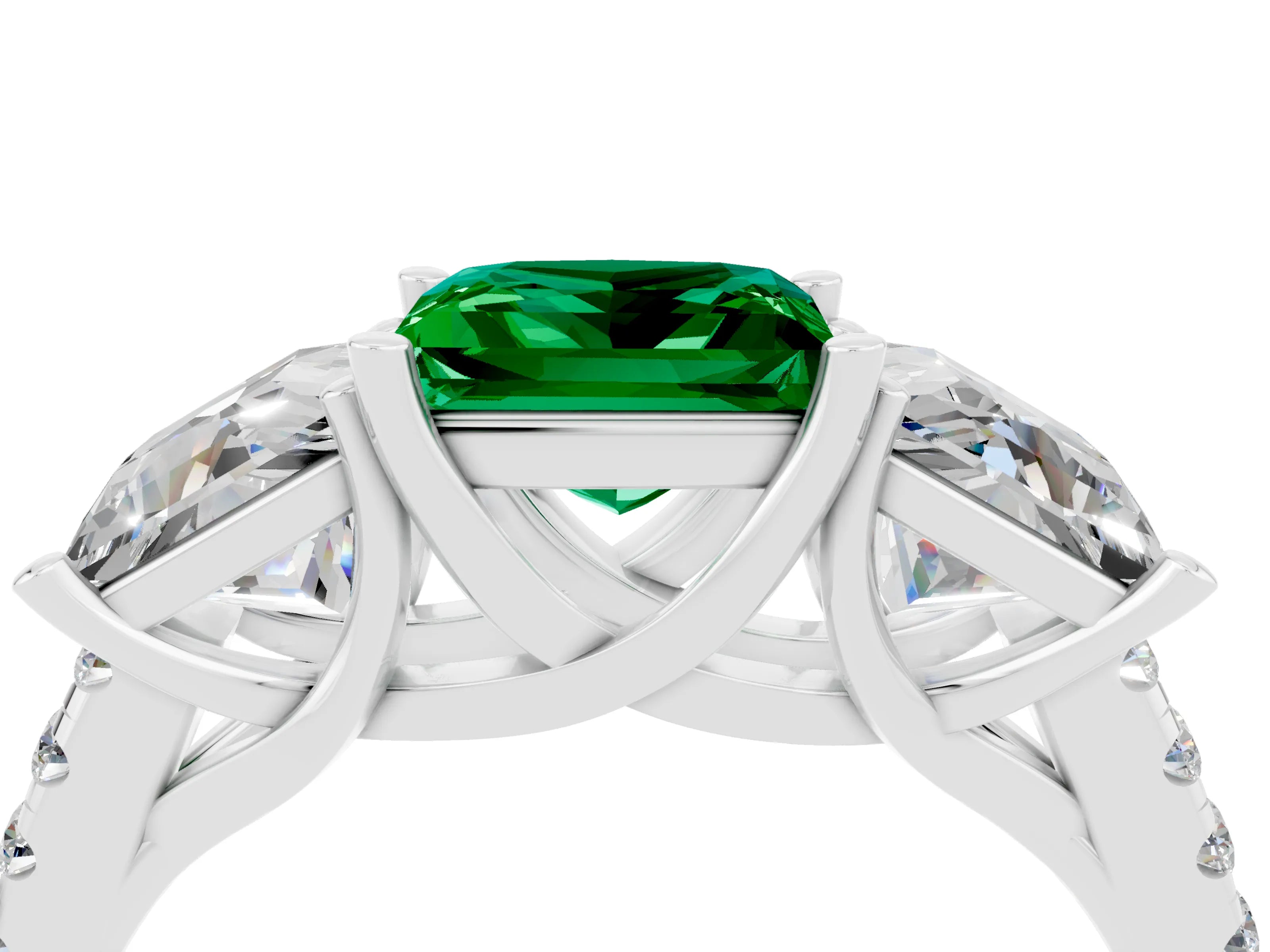 White gold Three-Stone Princess Cut Emerald Ring with Round  Pavé Band and Prong Setting_40