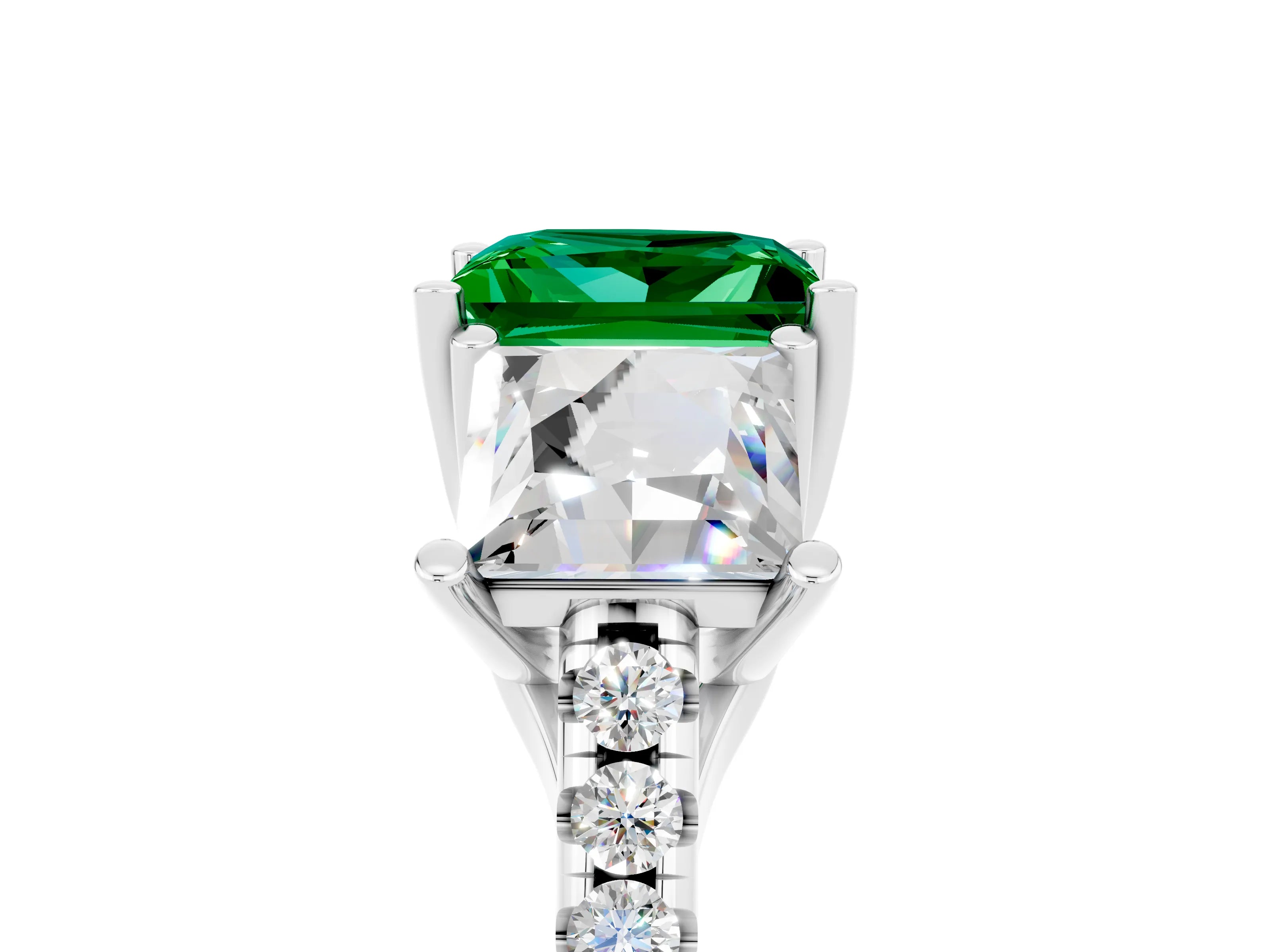 White gold Three-Stone Princess Cut Emerald Ring with Round  Pavé Band and Prong Setting_41