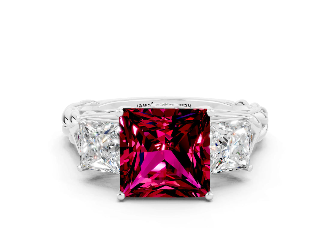 White gold Three-Stone Princess Cut Garnet Braided Band Ring with Four-Prong Setting_30