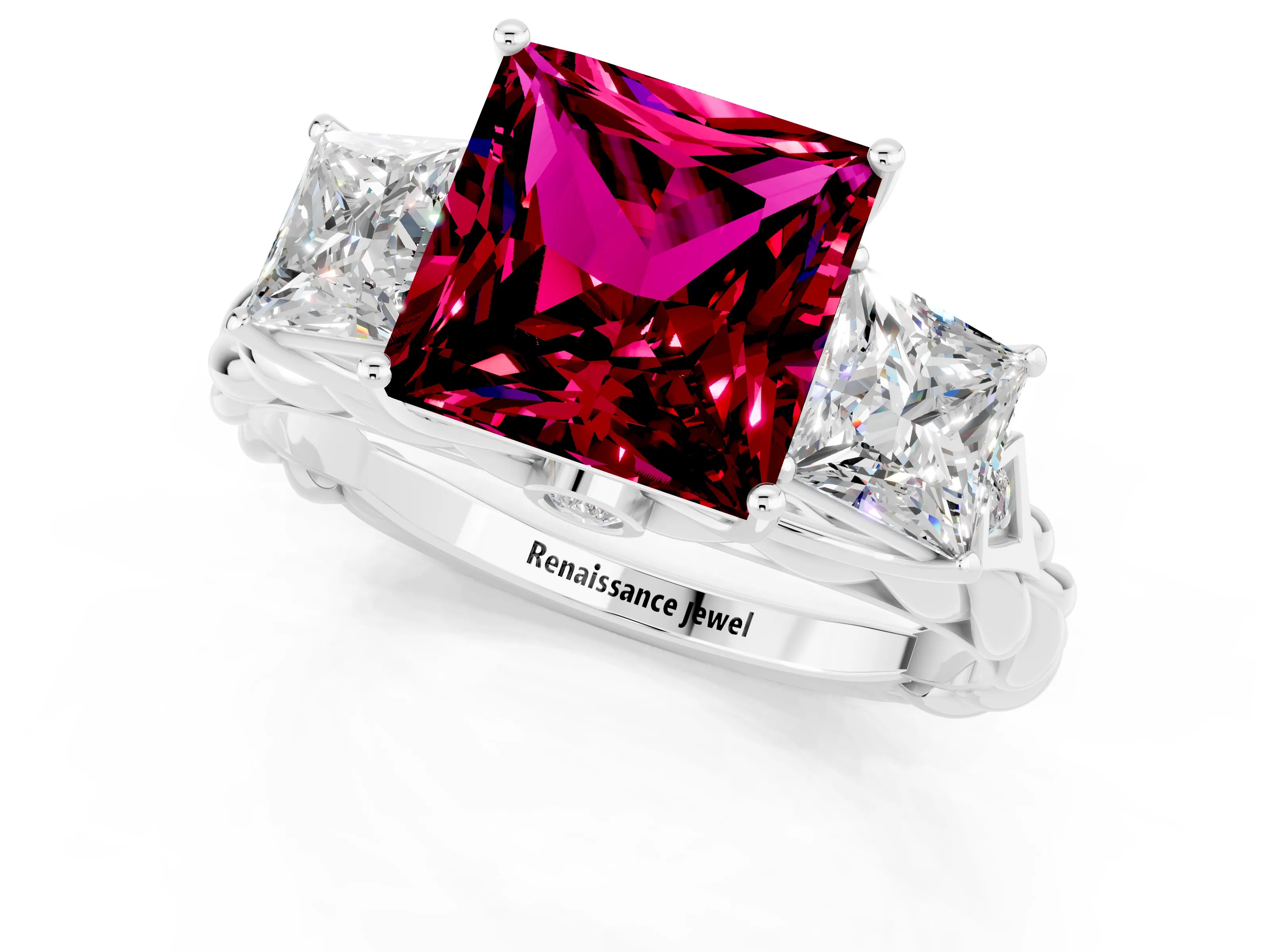 White gold Three-Stone Princess Cut Garnet Braided Band Ring with Four-Prong Setting_31