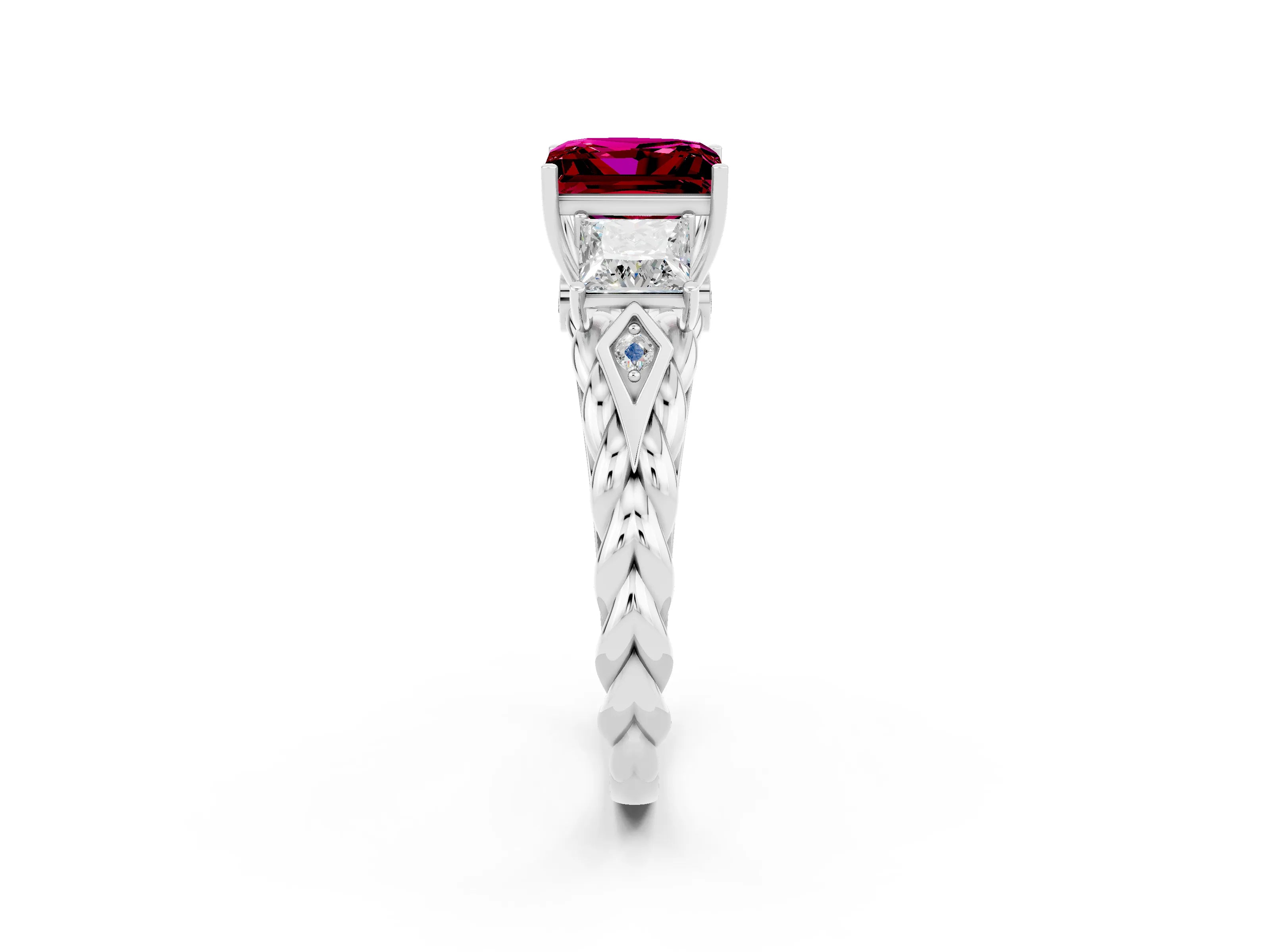White gold Three-Stone Princess Cut Garnet Braided Band Ring with Four-Prong Setting_32