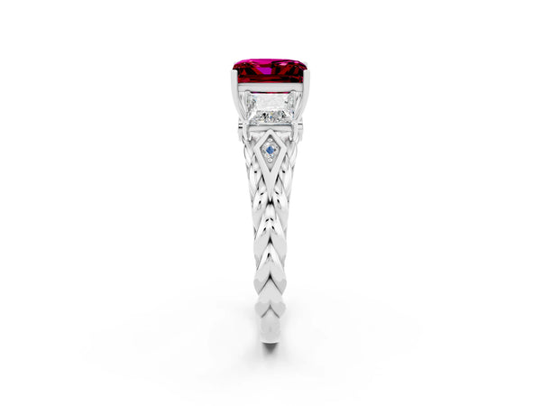 White gold Three-Stone Princess Cut Garnet Braided Band Ring with Four-Prong Setting