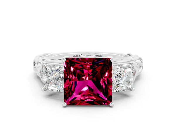 Platinum Three-Stone Princess Cut Garnet Braided Band Ring with Four-Prong Setting