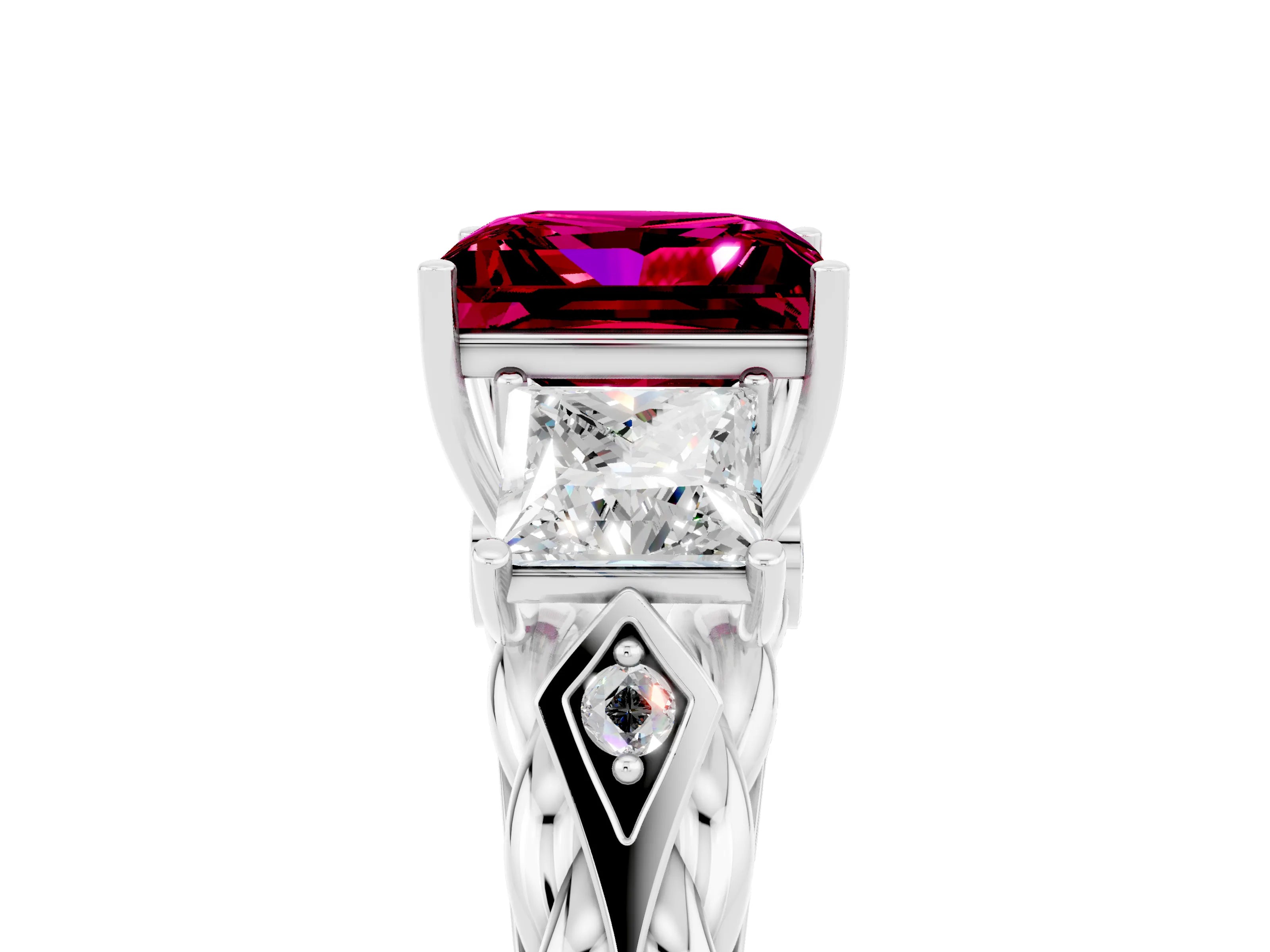 White gold Three-Stone Princess Cut Garnet Braided Band Ring with Four-Prong Setting_41