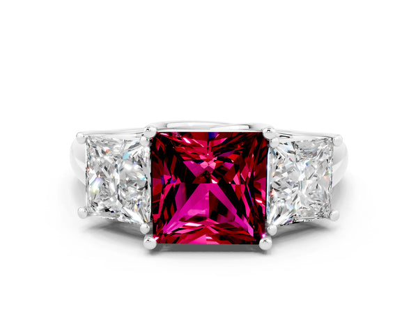 Platinum Three-Stone Princess Cut Garnet Engagement Ring with Prong Setting