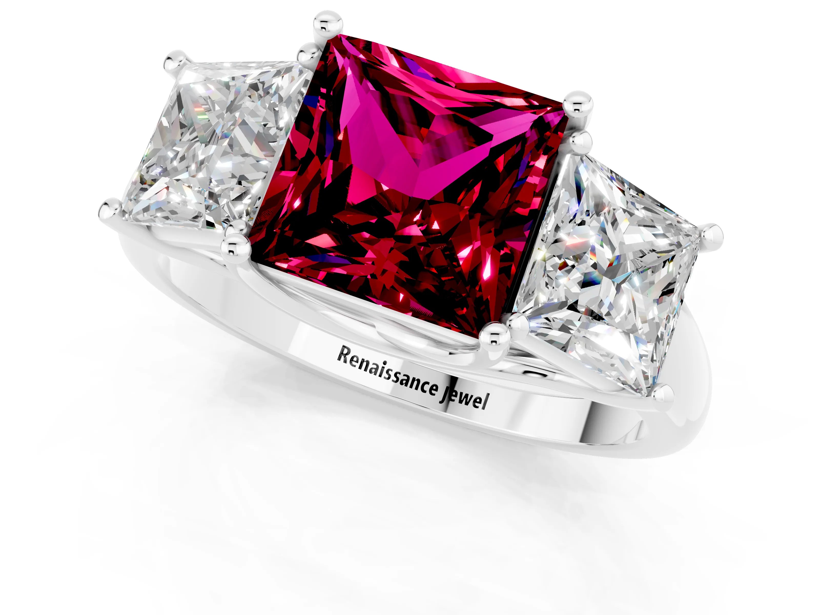 White gold Three-Stone Princess Cut Garnet Engagement Ring with Prong Setting_1