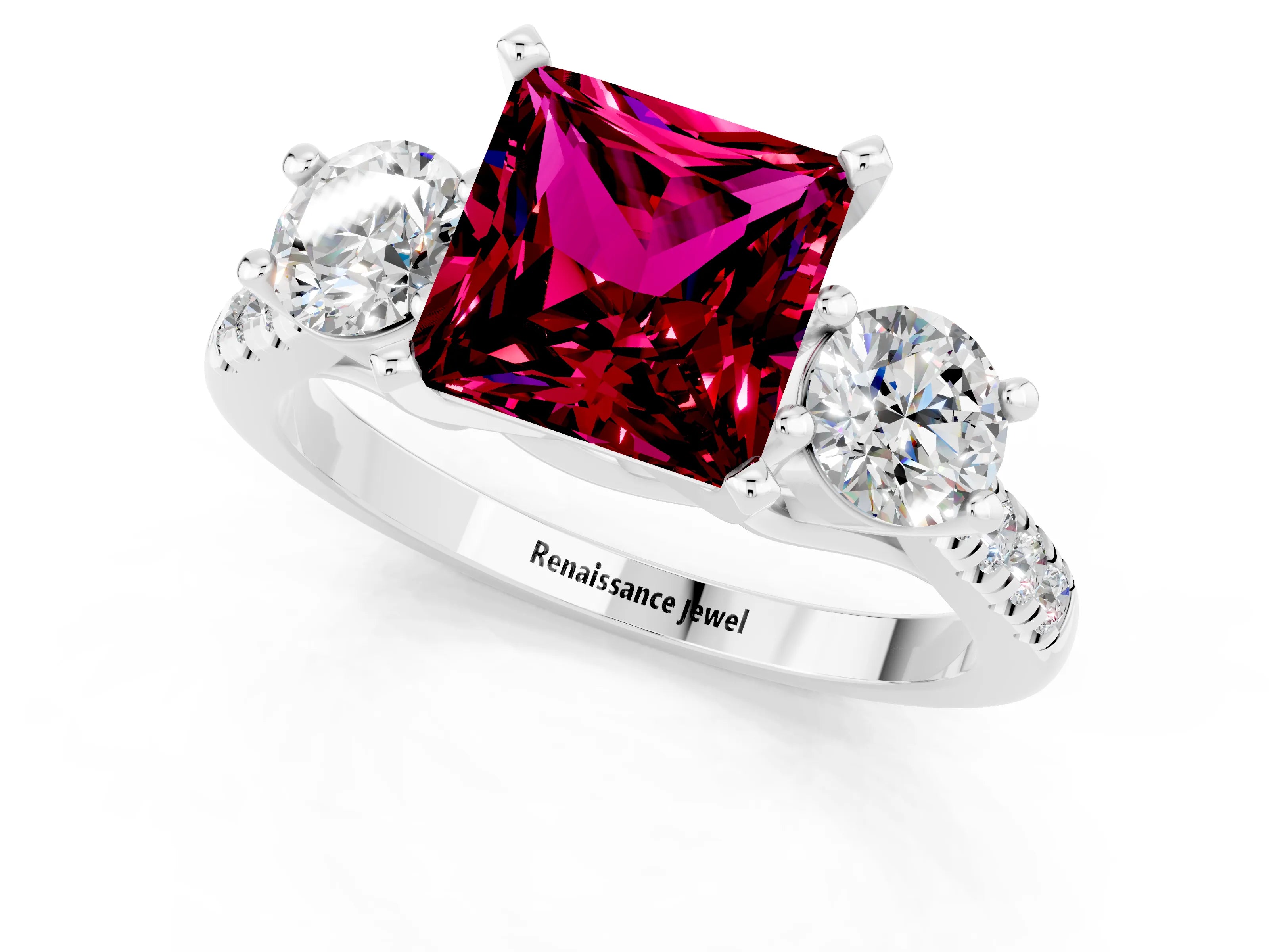 White gold Three-Stone Princess Cut Garnet Pavé Band with Four-Prong Setting_1